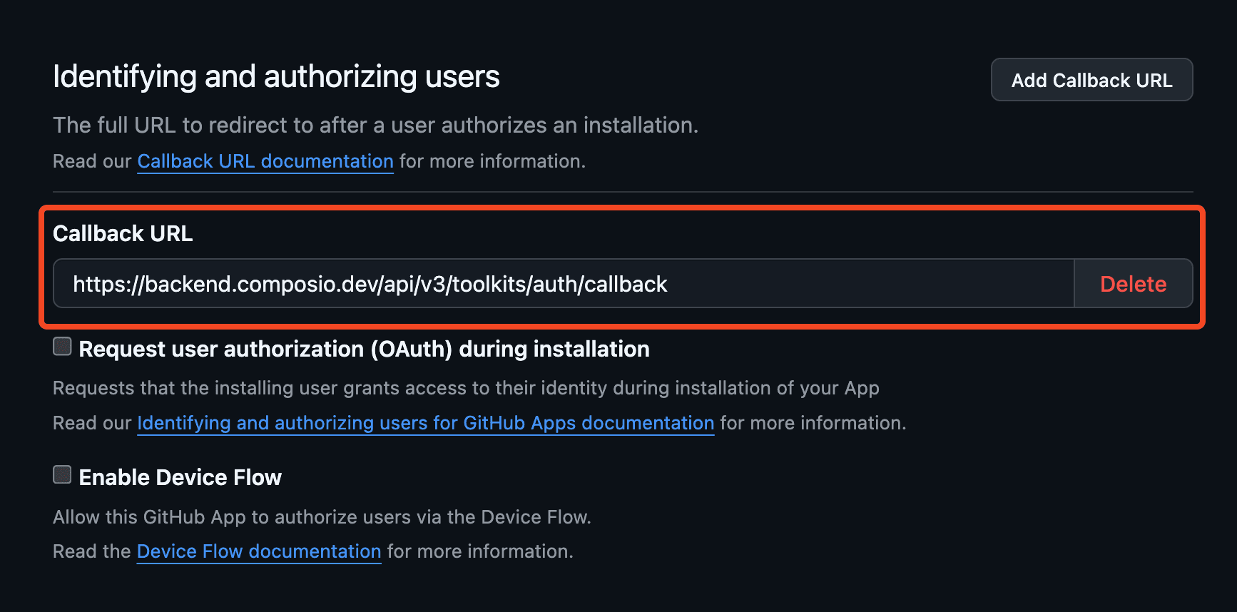Developer settings for GitHub OAuth2 app