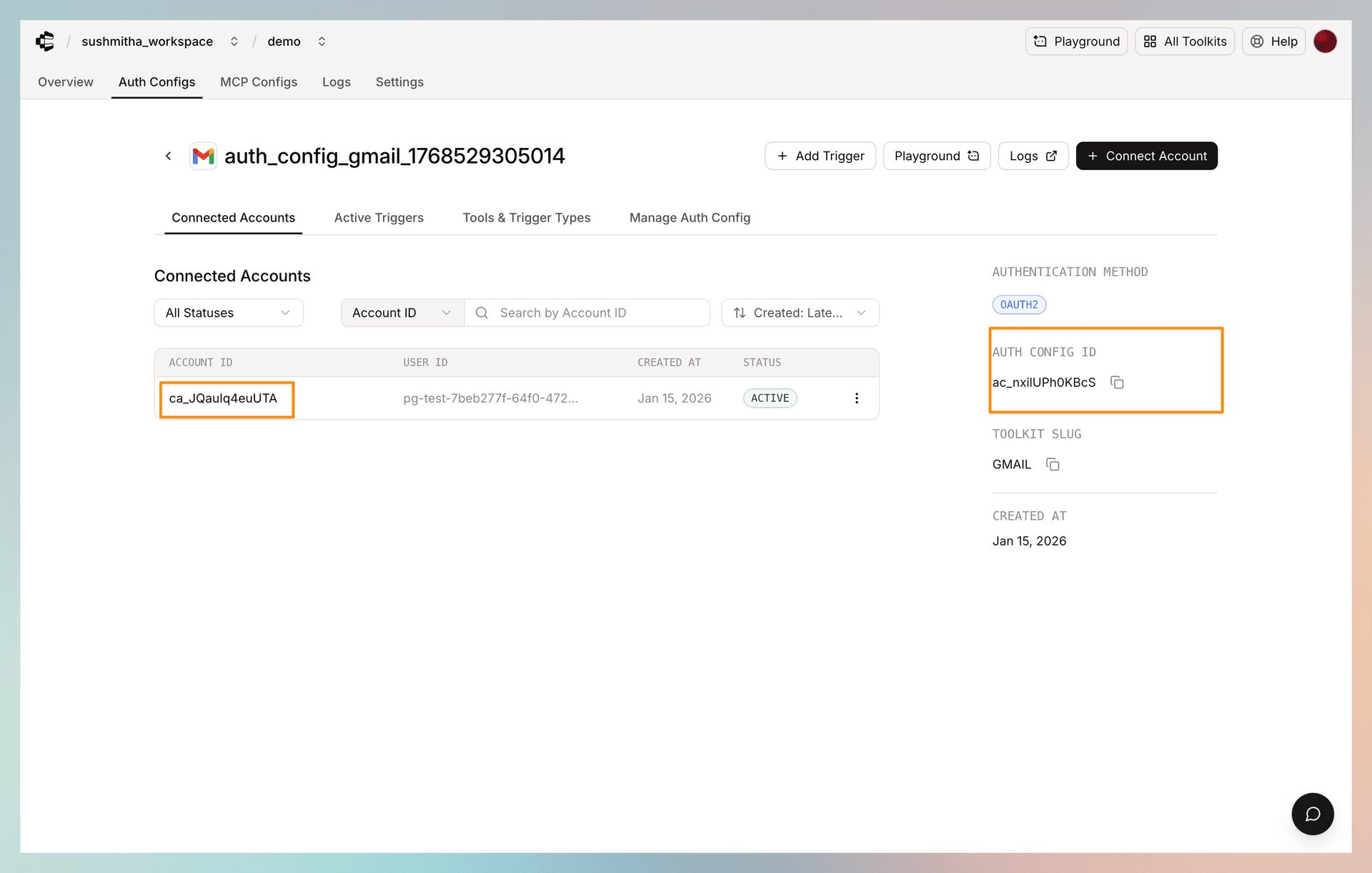 Finding authConfigId and connected account ID in the Composio dashboard